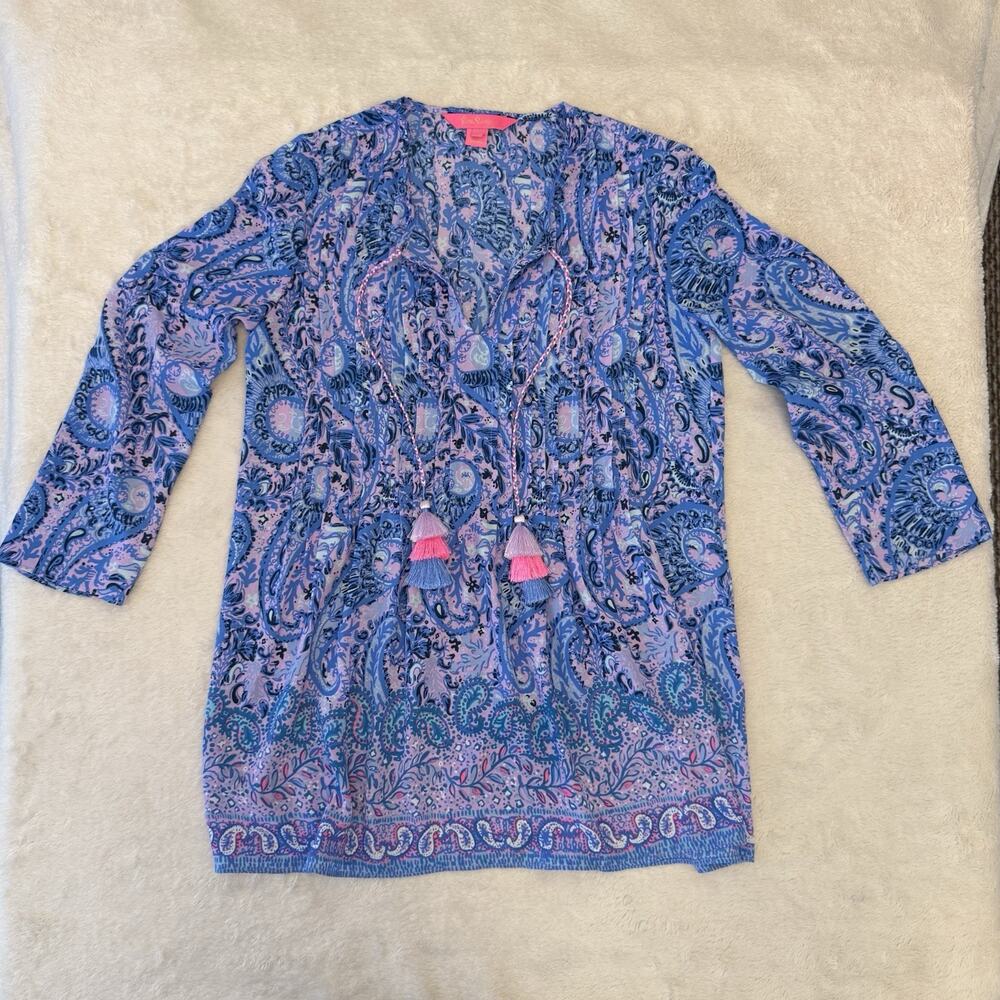 Lilly Pulitzer 2XS Blue Pink Paisley Shift Dress 3/4 Sleeve V-Neck Tassel